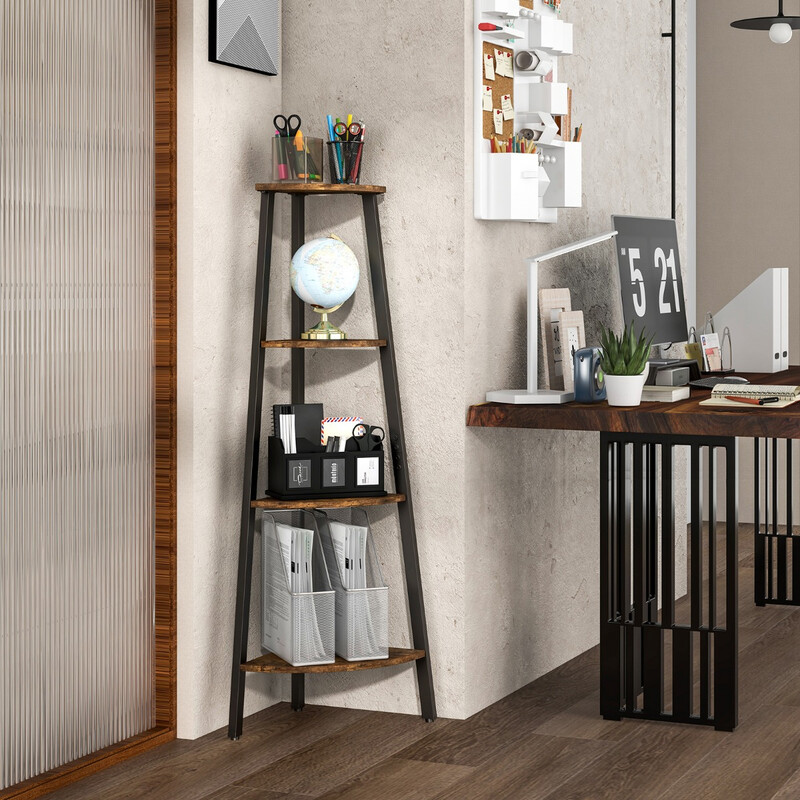 Industriell hörnhylla med 4 hyllplan i brun och svart för kompakt förvaring