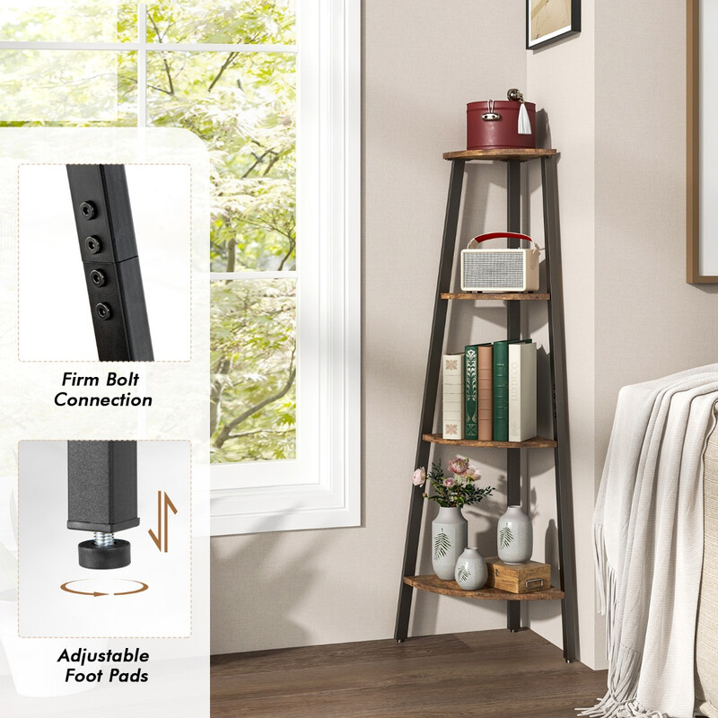 Industriell hörnhylla med 4 hyllplan i brun och svart för kompakt förvaring