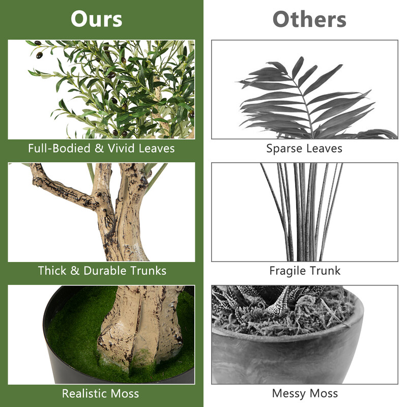 Två konstgjorda olivträd med 1296 löv och 72 oliver, 182 cm höga