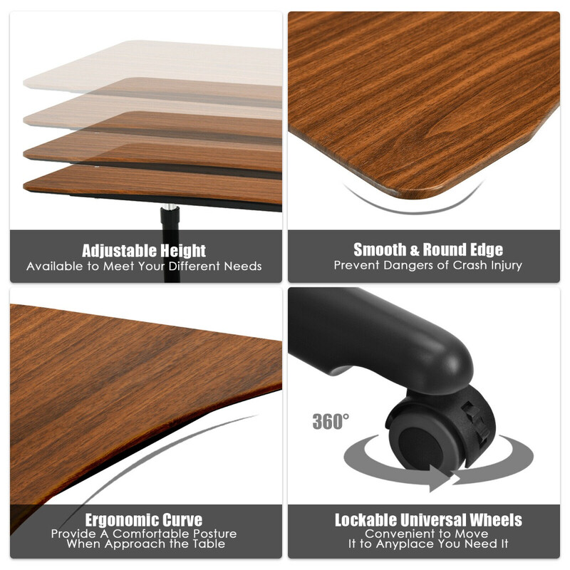 Höj- och sänkbart datorskrivbord med hjul, ergonomisk design, brun, 95 x 52 cm