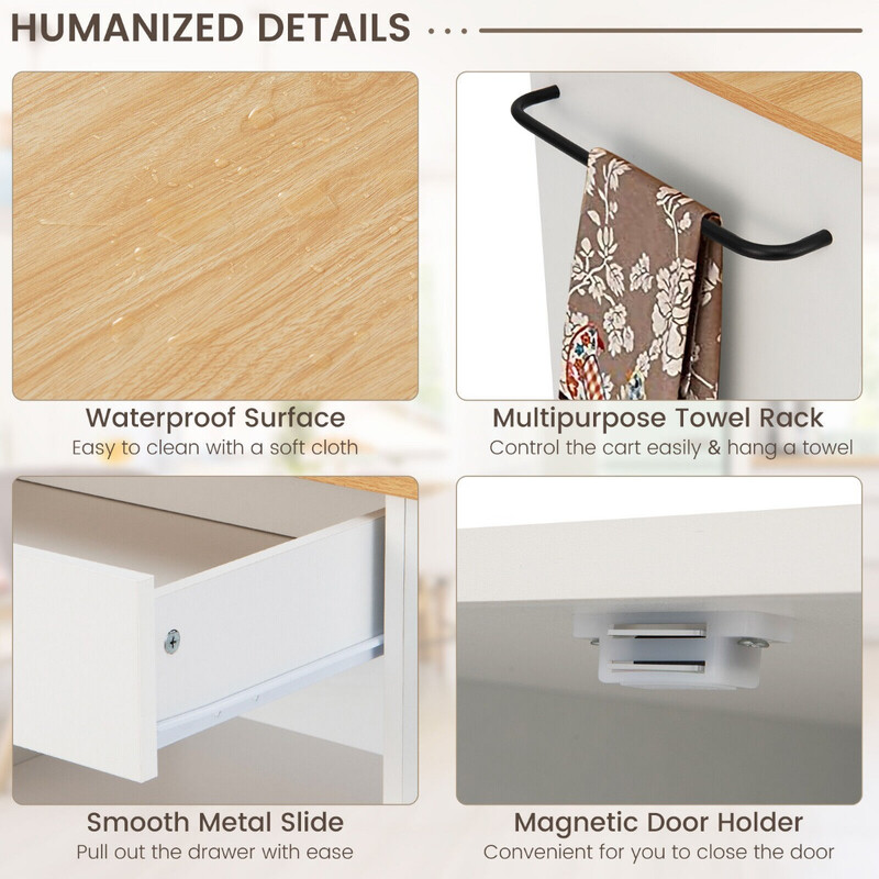 Rullande köksvagn med tre kryddhyllor och förvaringsutrymme, vit 75 x 46 x 92 cm