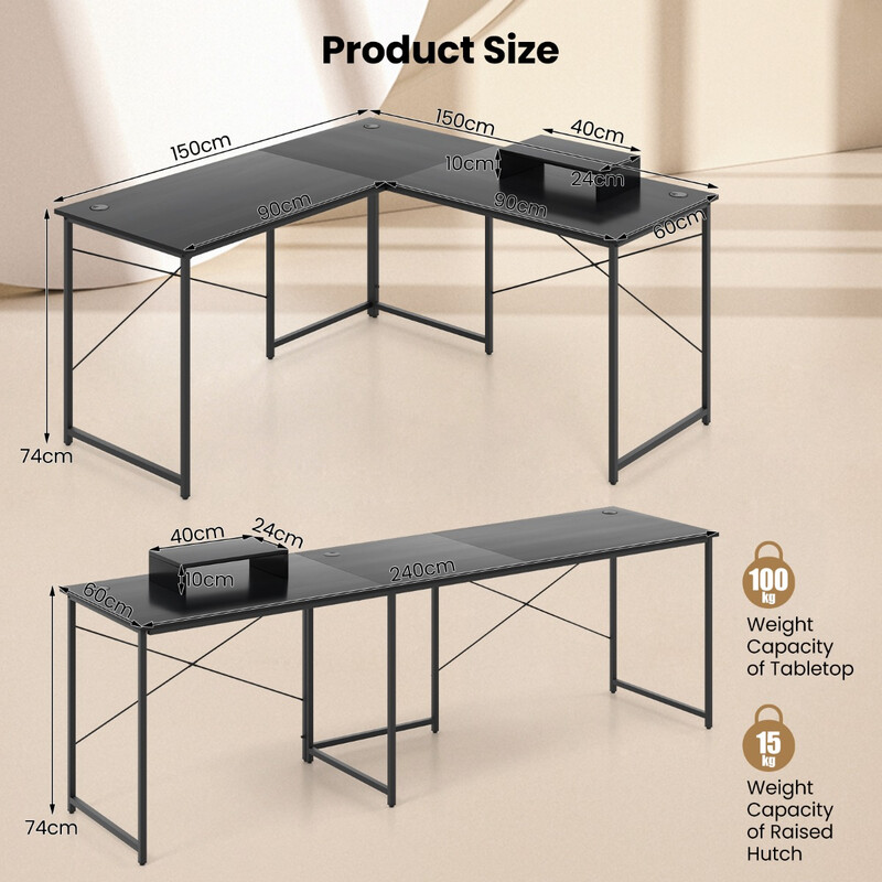 L-format skrivbord med bildskärmsstativ, vändbart hörnskrivbord i svart för ergonomisk arbetsyta