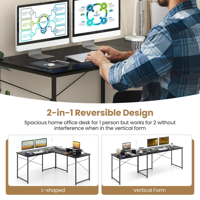 L-format skrivbord med bildskärmsstativ, vändbart hörnskrivbord i svart för ergonomisk arbetsyta