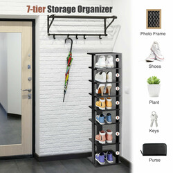 Elegant svart skohylla i trä med sju hyllor för smart förvaring