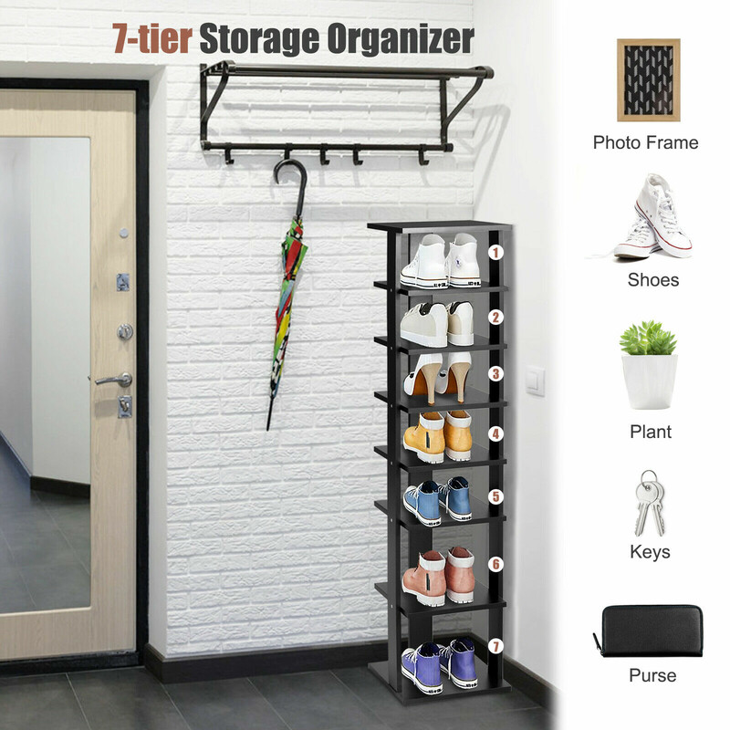 Elegant svart skohylla i trä med sju hyllor för smart förvaring