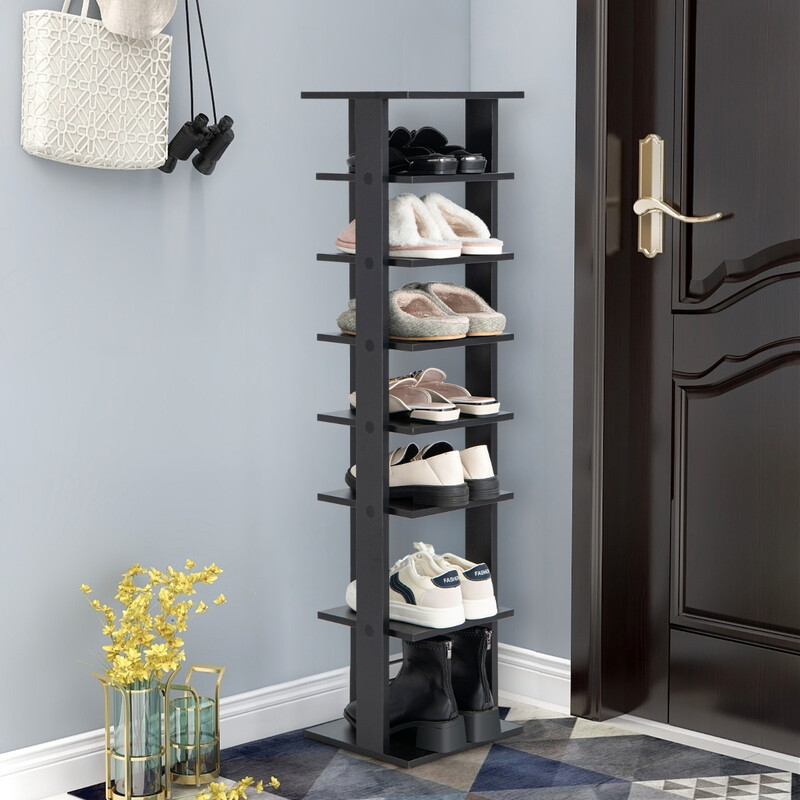 Elegant svart skohylla i trä med sju hyllor för smart förvaring