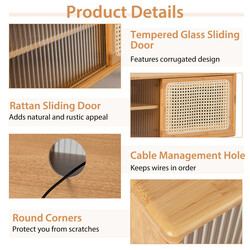 Modern tv-bänk i naturlig bambu för tv upp till 55 tum med skjutdörrar och hyllor