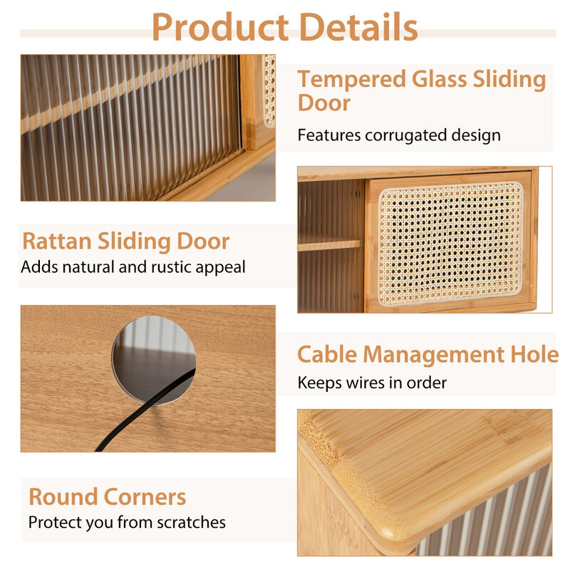 Modern tv-bänk i naturlig bambu för tv upp till 55 tum med skjutdörrar och hyllor