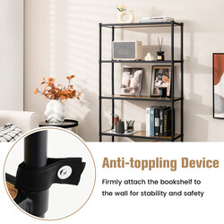 Fristående bokhylla med fem hyllplan i brun och svart metallram 80 x 29 x 154 cm