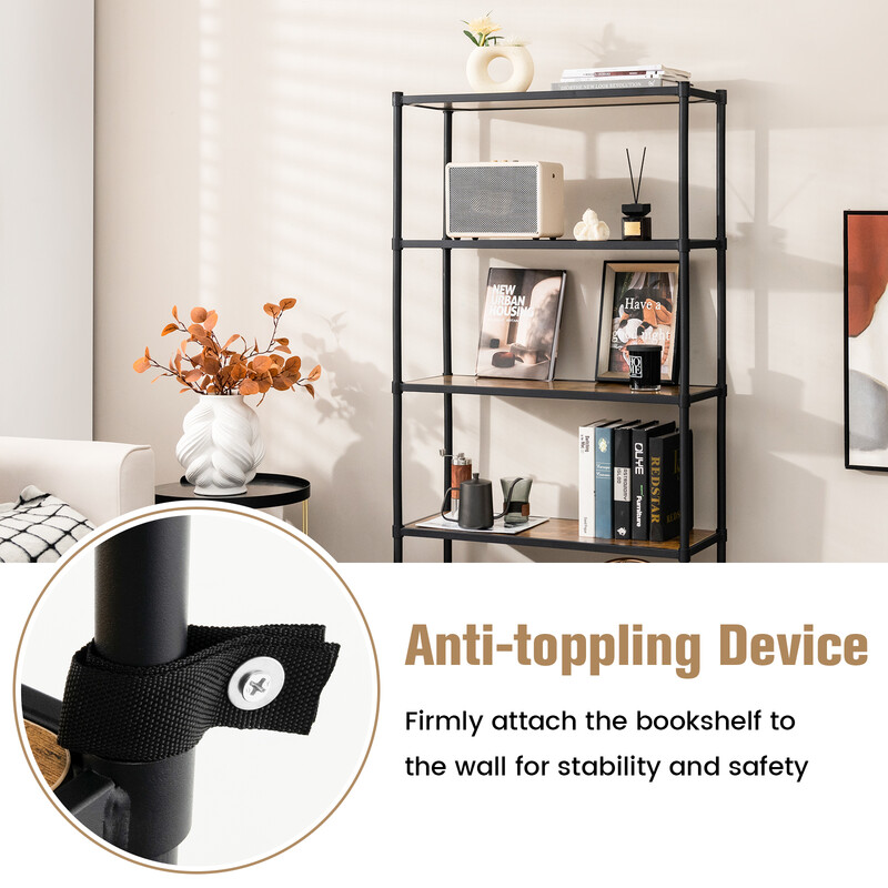 Fristående bokhylla med fem hyllplan i brun och svart metallram 80 x 29 x 154 cm