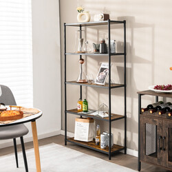 Fristående bokhylla med fem hyllplan i brun och svart metallram 80 x 29 x 154 cm