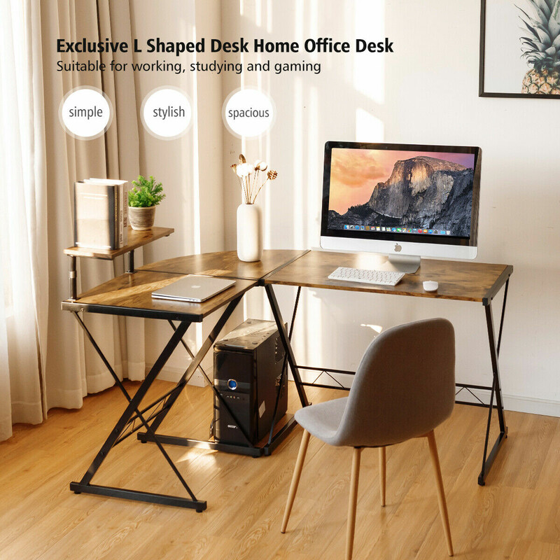 L-format hörnskrivbord i trä med justerbar hylla och delbar design, rustik brun