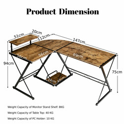 L-format hörnskrivbord i trä med justerbar hylla och delbar design, rustik brun