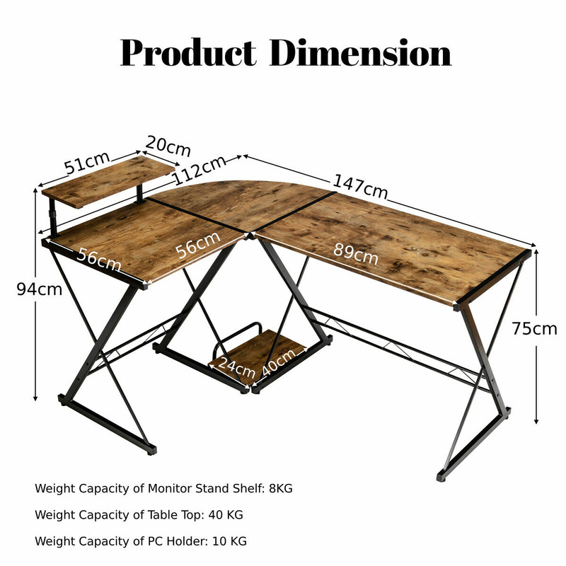 L-format hörnskrivbord i trä med justerbar hylla och delbar design, rustik brun