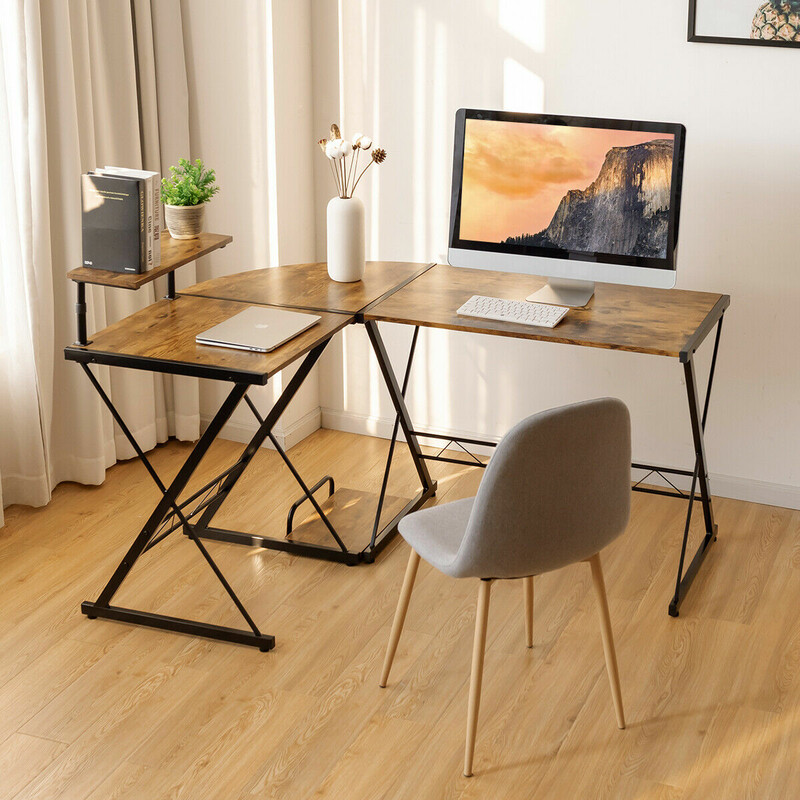 L-format hörnskrivbord i trä med justerbar hylla och delbar design, rustik brun