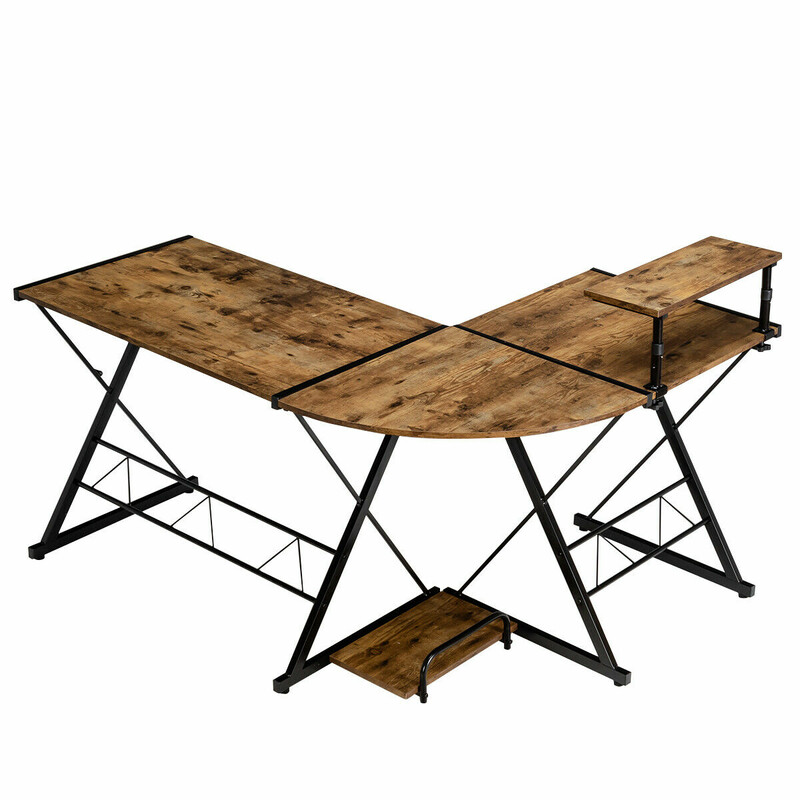 L-format hörnskrivbord i trä med justerbar hylla och delbar design, rustik brun