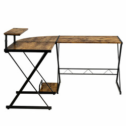 L-format hörnskrivbord i trä med justerbar hylla och delbar design, rustik brun