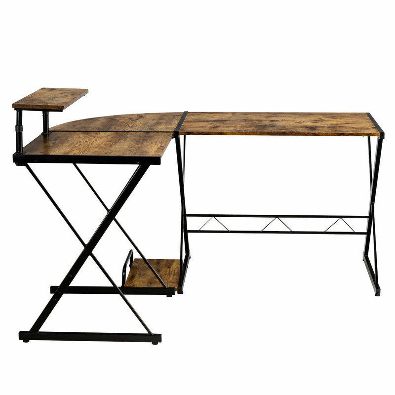 L-format hörnskrivbord i trä med justerbar hylla och delbar design, rustik brun