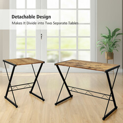 L-format hörnskrivbord i trä med justerbar hylla och delbar design, rustik brun