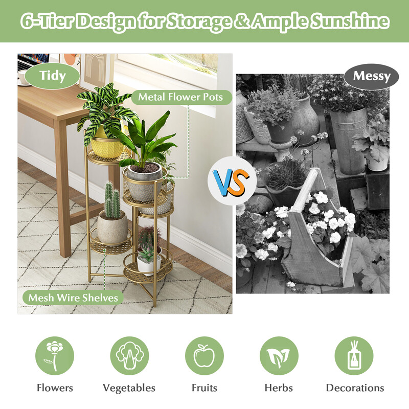 Hopfällbart växtstativ i guld med sex nivåer för elegant inredning