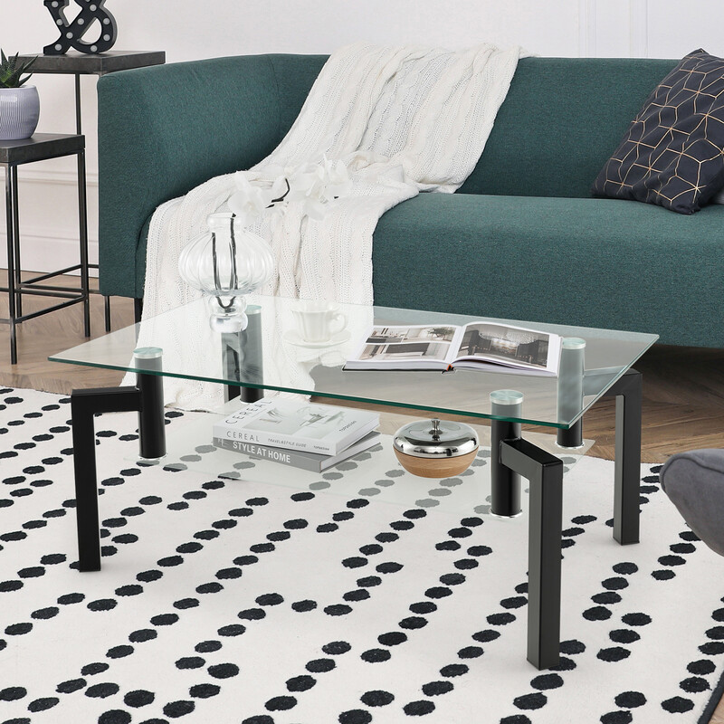 Rektangulärt soffbord i glas med två nivåer och modern design