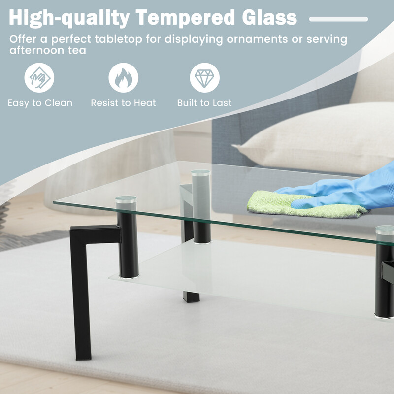 Rektangulärt soffbord i glas med två nivåer och modern design