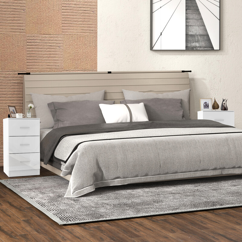 Sängbord med 3 lådor i högblank vit, kompakt och funktionell förvaring för sovrum