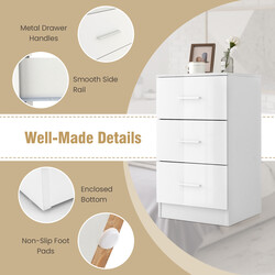 Sängbord med 3 lådor i högblank vit, kompakt och funktionell förvaring för sovrum