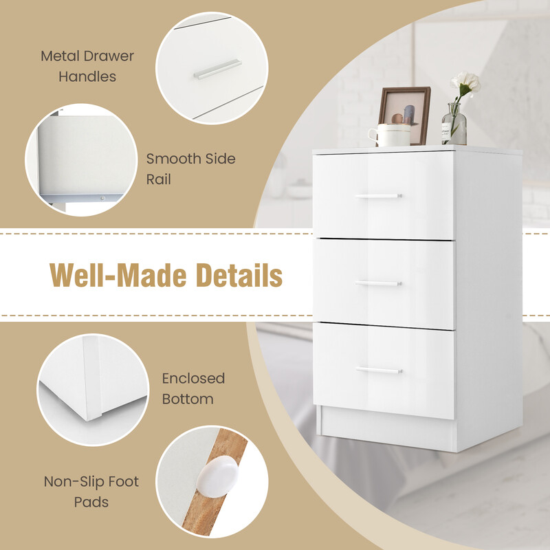 Sängbord med 3 lådor i högblank vit, kompakt och funktionell förvaring för sovrum