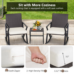 Tredelat trädgårdsmöbelset med handvävda gungstolar och stabilt soffbord i rotting