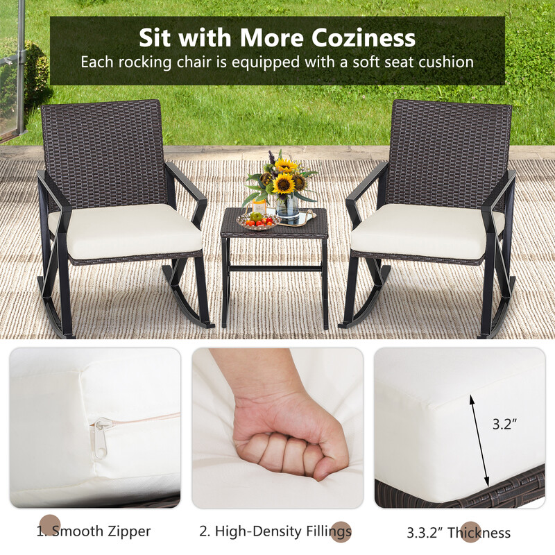 Tredelat trädgårdsmöbelset med handvävda gungstolar och stabilt soffbord i rotting