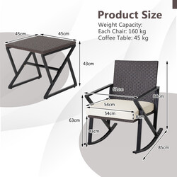Tredelat trädgårdsmöbelset med handvävda gungstolar och stabilt soffbord i rotting