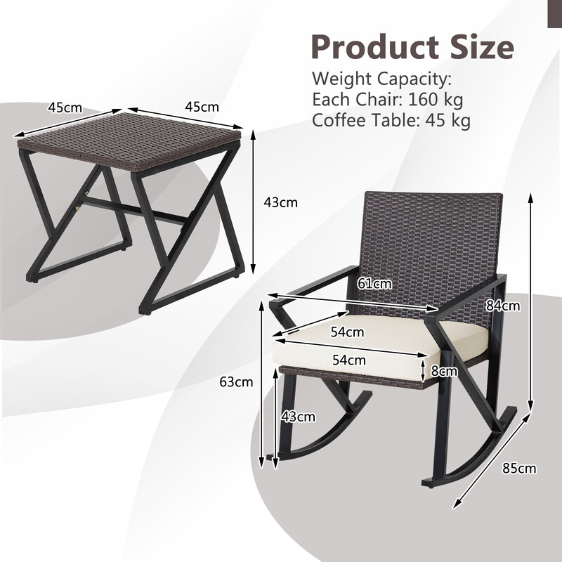 Tredelat trädgårdsmöbelset med handvävda gungstolar och stabilt soffbord i rotting