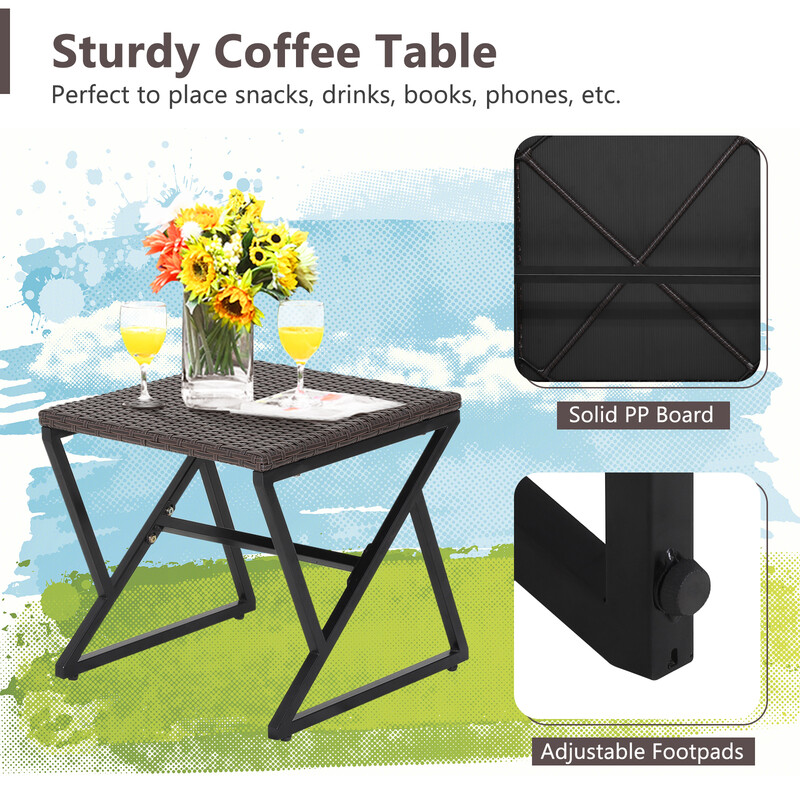 Tredelat trädgårdsmöbelset med handvävda gungstolar och stabilt soffbord i rotting