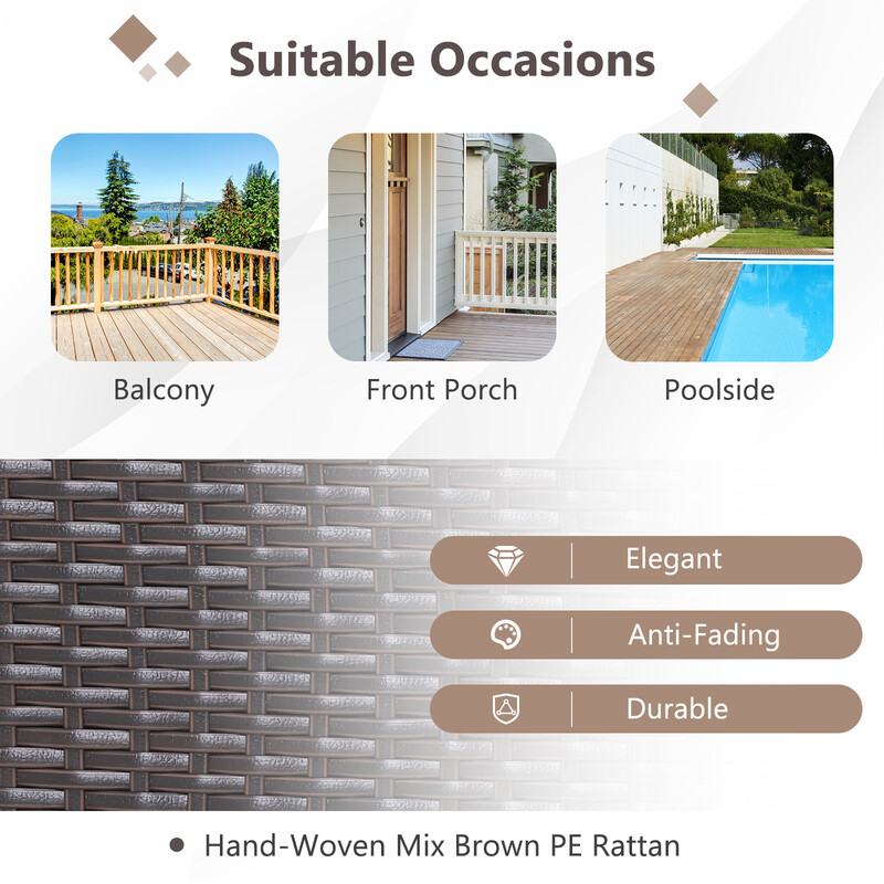 Tredelat trädgårdsmöbelset med handvävda gungstolar och stabilt soffbord i rotting