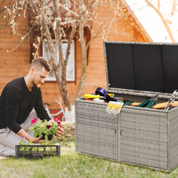 Grå terrassförvaringsbox i PE-rotting med 330 L kapacitet och säker konstruktion