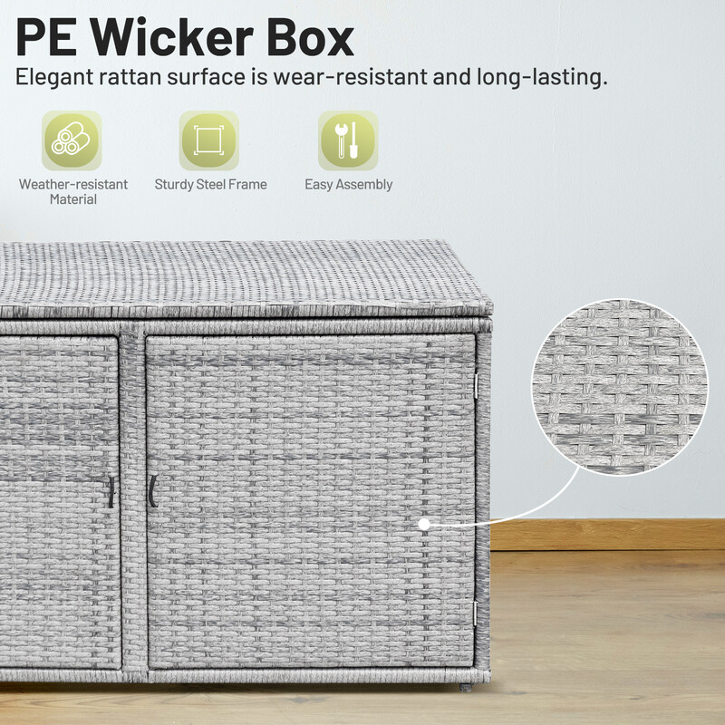 Grå terrassförvaringsbox i PE-rotting med 330 L kapacitet och säker konstruktion