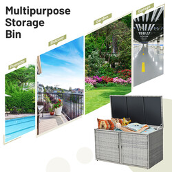 Grå terrassförvaringsbox i PE-rotting med 330 L kapacitet och säker konstruktion