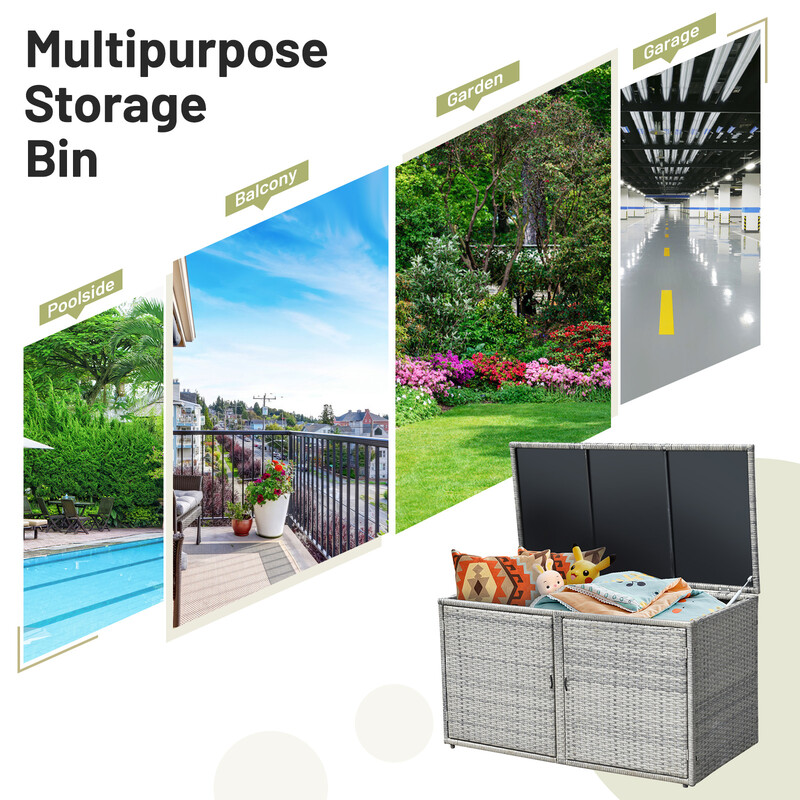 Grå terrassförvaringsbox i PE-rotting med 330 L kapacitet och säker konstruktion