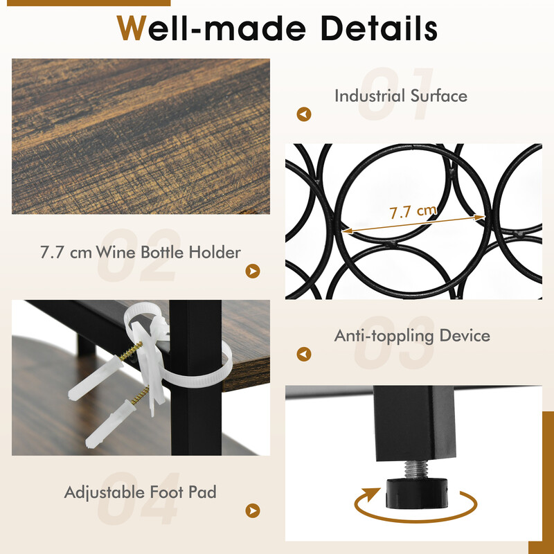 Vinhylla 120 cm med glashållare och hyllor i rustik brun design