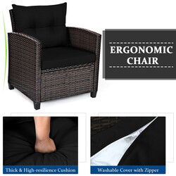 3-delat rottingmöbelset för balkong med sittdynor och soffbord i svart