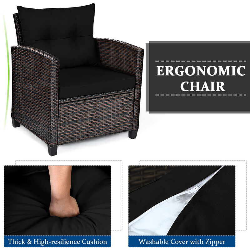 3-delat rottingmöbelset för balkong med sittdynor och soffbord i svart