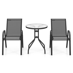 Balkongmöbelset i grått med bistrobord och två stapelbara stolar för utomhusbruk