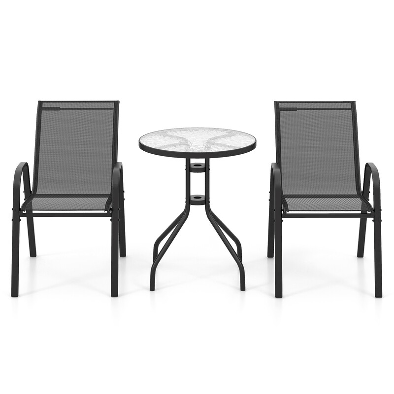 Balkongmöbelset i grått med bistrobord och två stapelbara stolar för utomhusbruk