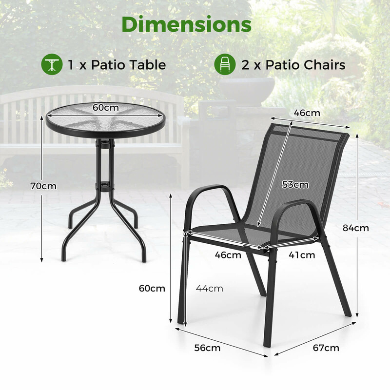 Balkongmöbelset i grått med bistrobord och två stapelbara stolar för utomhusbruk