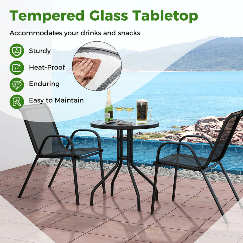 Balkongmöbelset i grått med bistrobord och två stapelbara stolar för utomhusbruk