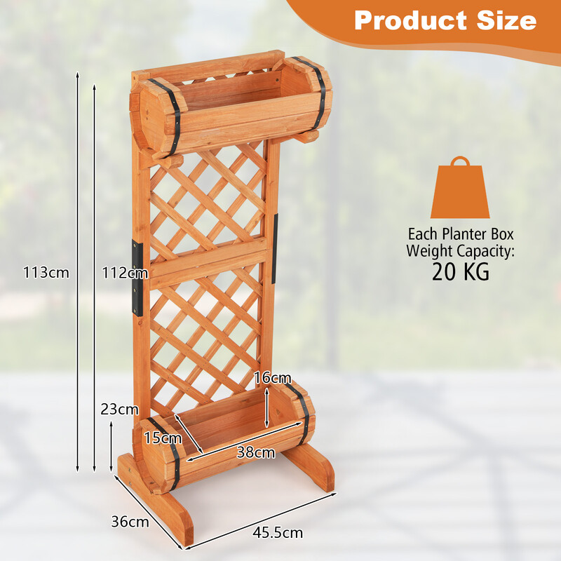 Hög planteringslåda i trä med spaljé, orange, 45,5 x 36 x 113 cm