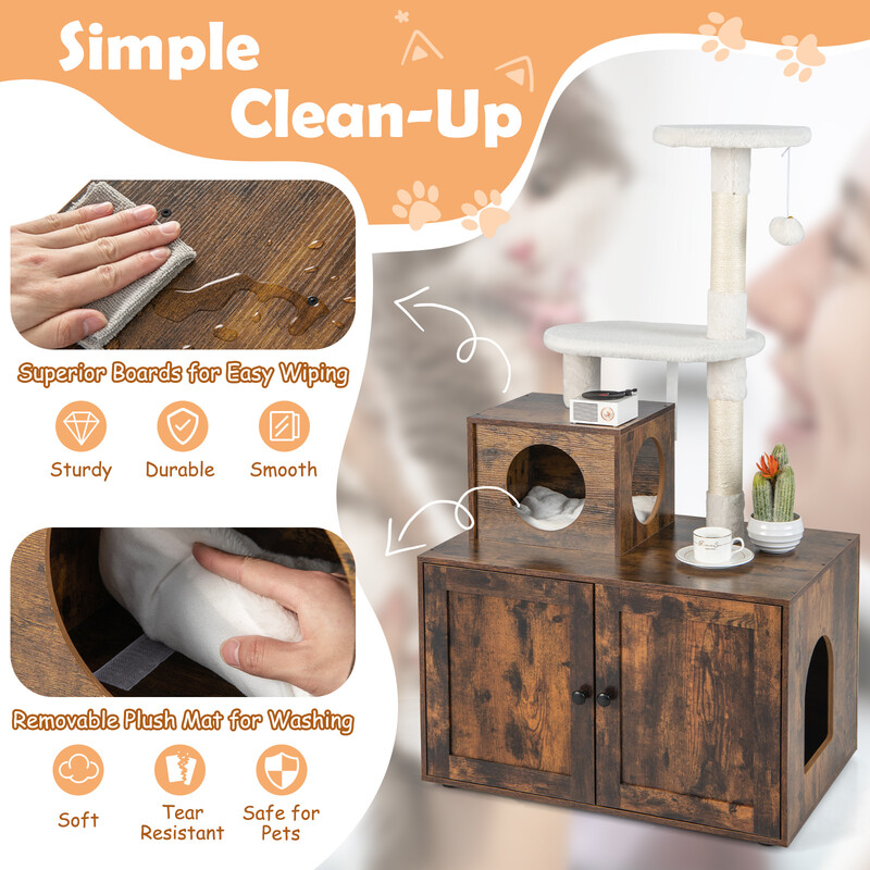 Kattmöbel med klätterträd och kattlåda i trä, rustik brun, 77,5 x 48,5 x 132 cm