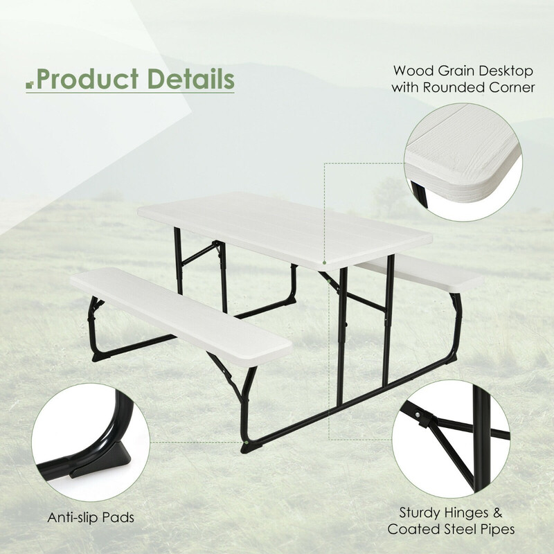 Vikbart campingbordset med bänkar för utomhusbruk - vit och hållbar design