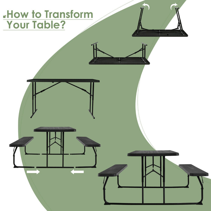 Hopfällbart campingbord med bänkar i svart för utomhusbruk, väderbeständig och lätt att transportera